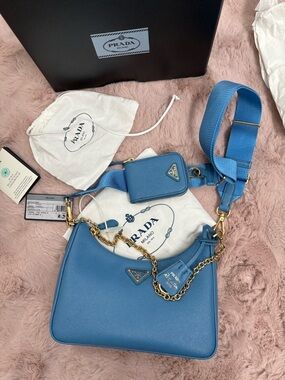 Prada Light Blue Saffiano Leather Shoulder Bag with Gold Chain